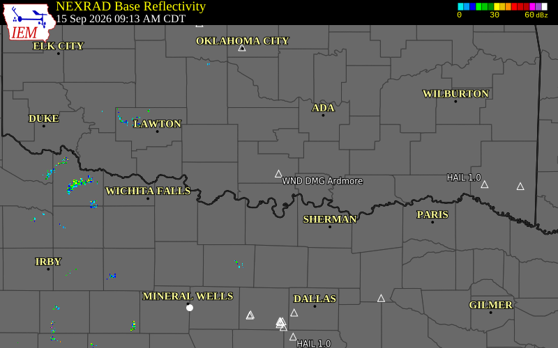 Current NEXRAD radar over Carter County, Oklahoma with recent storm report locations