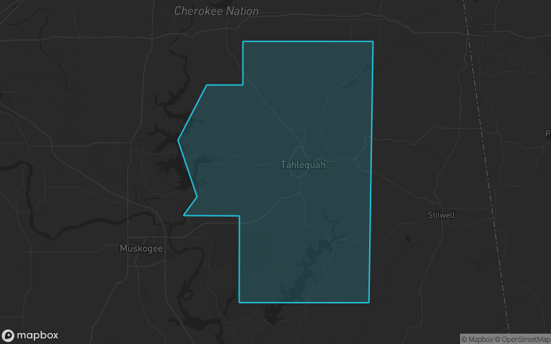 Map of Cherokee County, Oklahoma showing the county boundary and surrounding cities