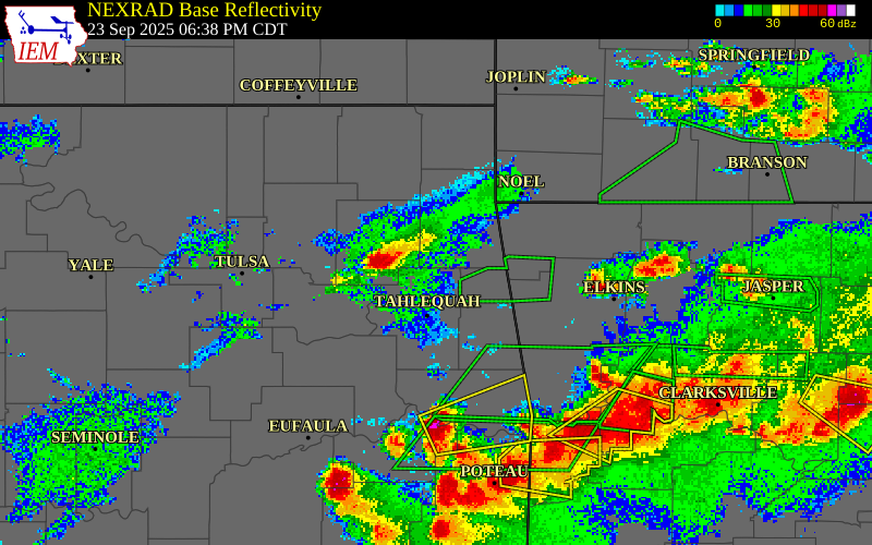 NEXRAD radar during the Tuesday, September 23, 2025 storm activity in Cherokee County, Oklahoma