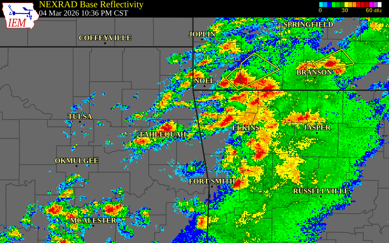 NEXRAD radar during the Wednesday, March 4, 2026 storm activity in Cherokee County, Oklahoma