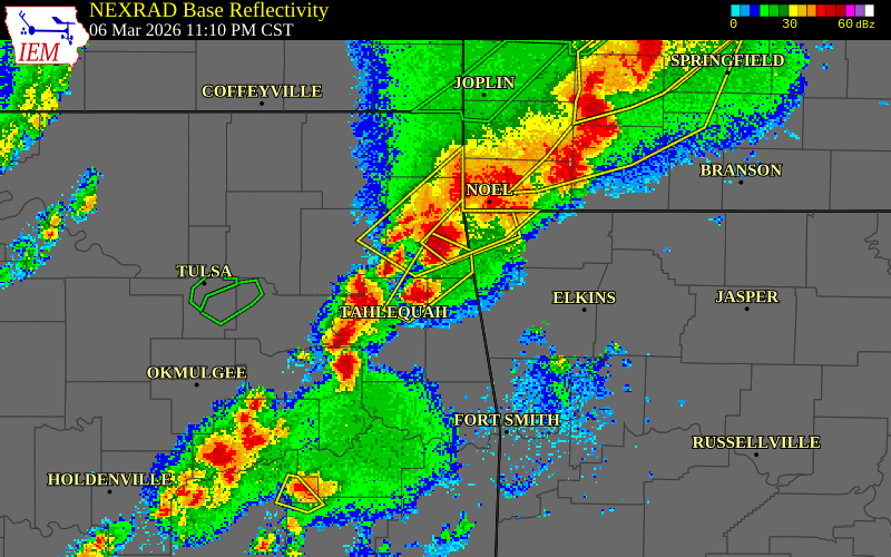 NEXRAD radar during the Friday, March 6, 2026 storm activity in Cherokee County, Oklahoma