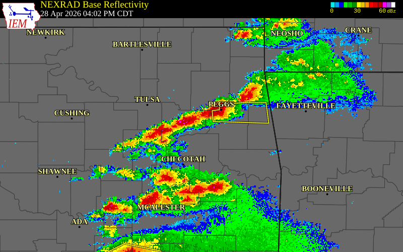 NEXRAD radar during the Tuesday, April 28, 2026 storm activity in Cherokee County, Oklahoma