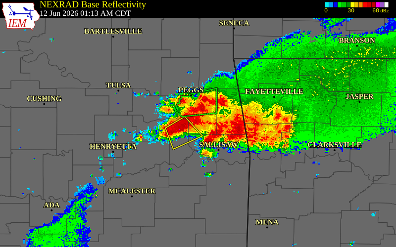 NEXRAD radar during the Friday, June 12, 2026 storm activity in Cherokee County, Oklahoma