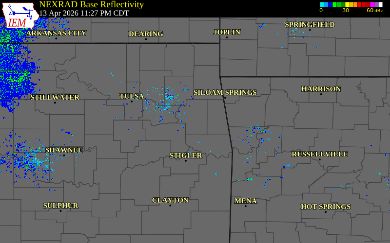 Radar snapshot during the Apr 13, 2026 tornado event near 5 S Tahlequah, Cherokee County, Oklahoma, with NWS warning polygons