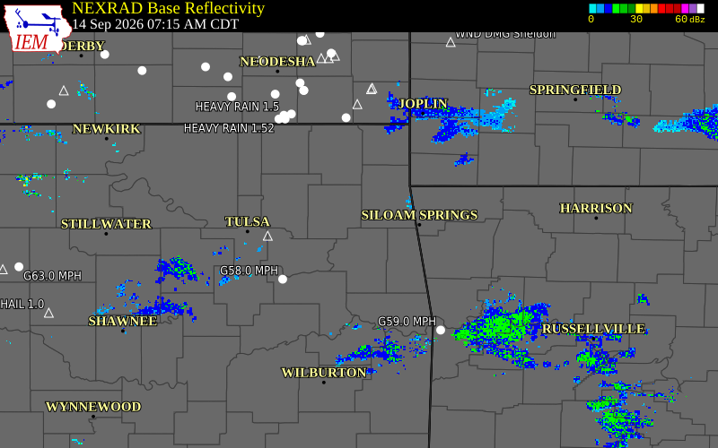 Current NEXRAD radar over Cherokee County, Oklahoma with recent storm report locations