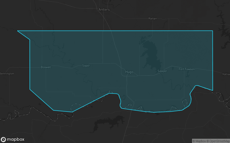 Map of Choctaw County, Oklahoma showing the county boundary and surrounding cities