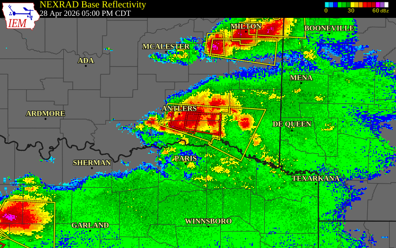 NEXRAD radar during the Tuesday, April 28, 2026 storm activity in Choctaw County, Oklahoma