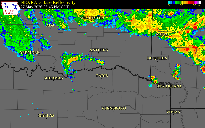 NEXRAD radar during the Wednesday, May 27, 2026 storm activity in Choctaw County, Oklahoma