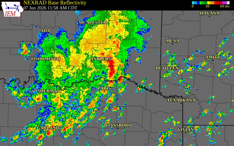 NEXRAD radar during the Sunday, June 7, 2026 storm activity in Choctaw County, Oklahoma