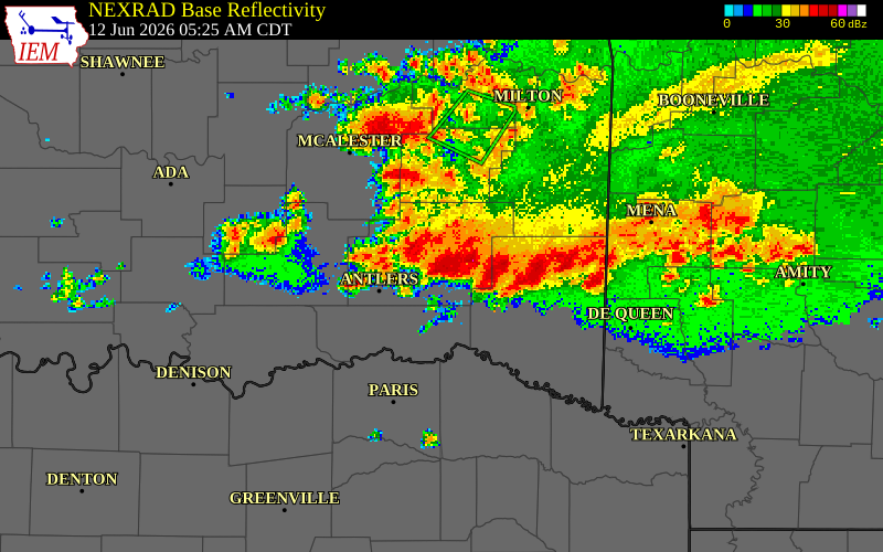 NEXRAD radar during the Friday, June 12, 2026 storm activity in Choctaw County, Oklahoma