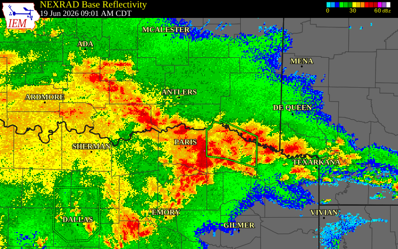 NEXRAD radar during the Friday, June 19, 2026 storm activity in Choctaw County, Oklahoma