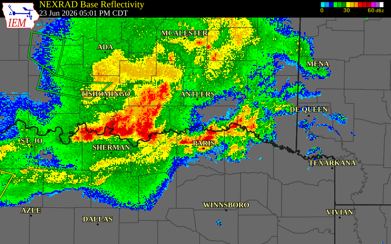 NEXRAD radar during the Tuesday, June 23, 2026 storm activity in Choctaw County, Oklahoma