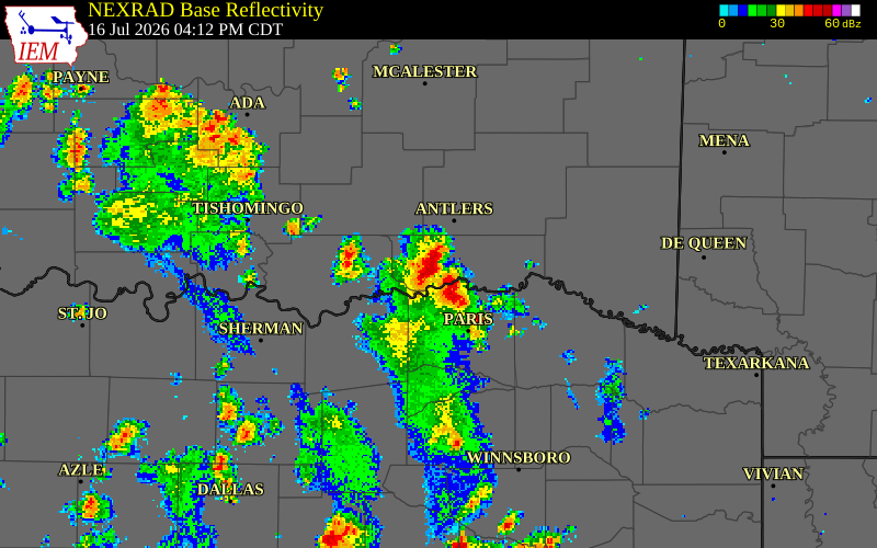 NEXRAD radar during the Thursday, July 16, 2026 storm activity in Choctaw County, Oklahoma