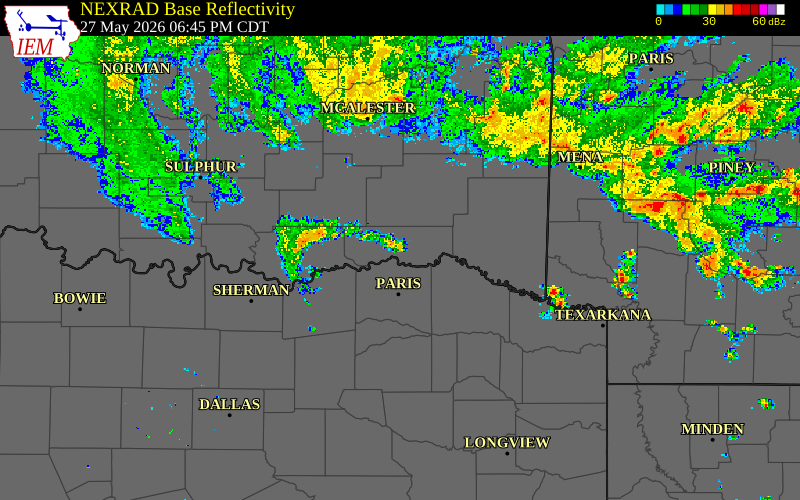 Radar snapshot during the May 27, 2026 tornado event near 1 NE Goodland, Choctaw County, Oklahoma, with NWS warning polygons