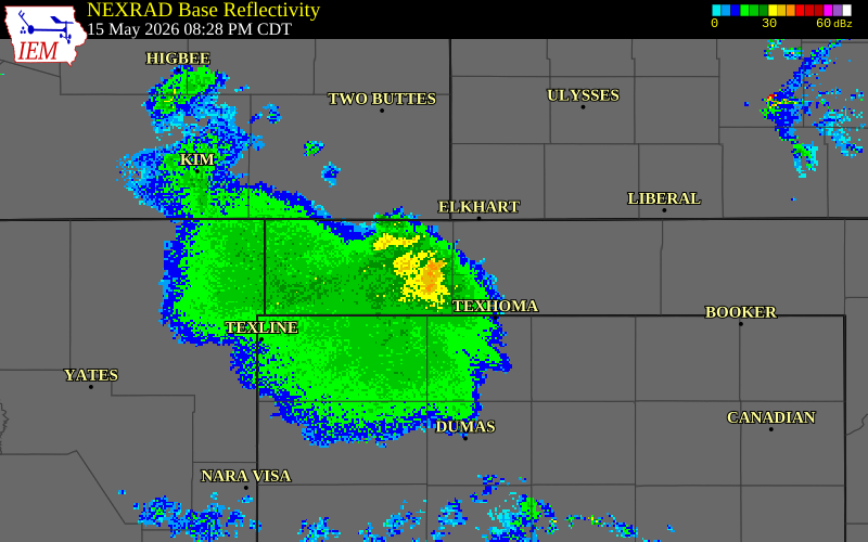 NEXRAD radar during the Friday, May 15, 2026 storm activity in Cimarron County, Oklahoma