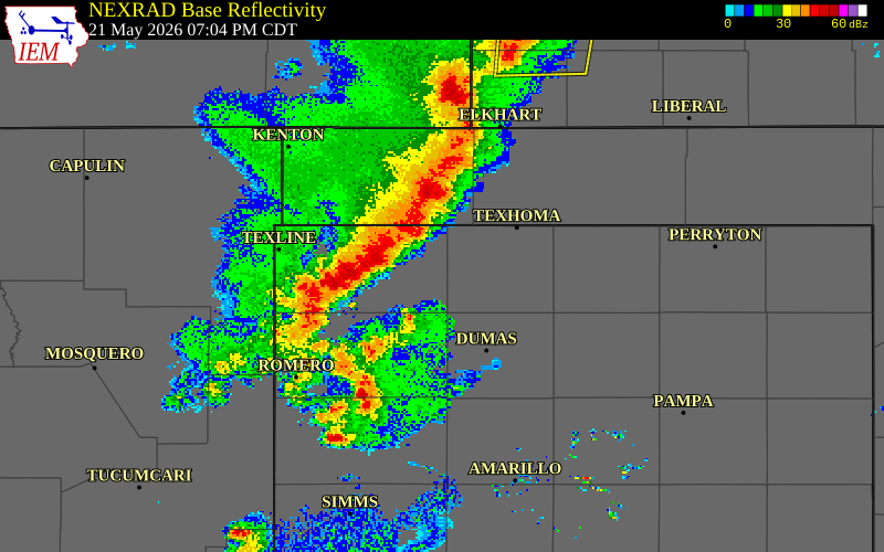NEXRAD radar during the Thursday, May 21, 2026 storm activity in Cimarron County, Oklahoma