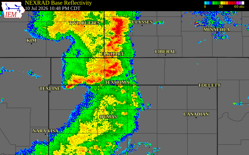 NEXRAD radar during the Friday, July 10, 2026 storm activity in Cimarron County, Oklahoma