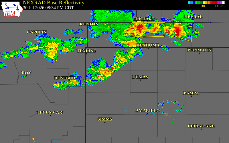 NEXRAD radar during the Thursday, July 30, 2026 storm activity in Cimarron County, Oklahoma