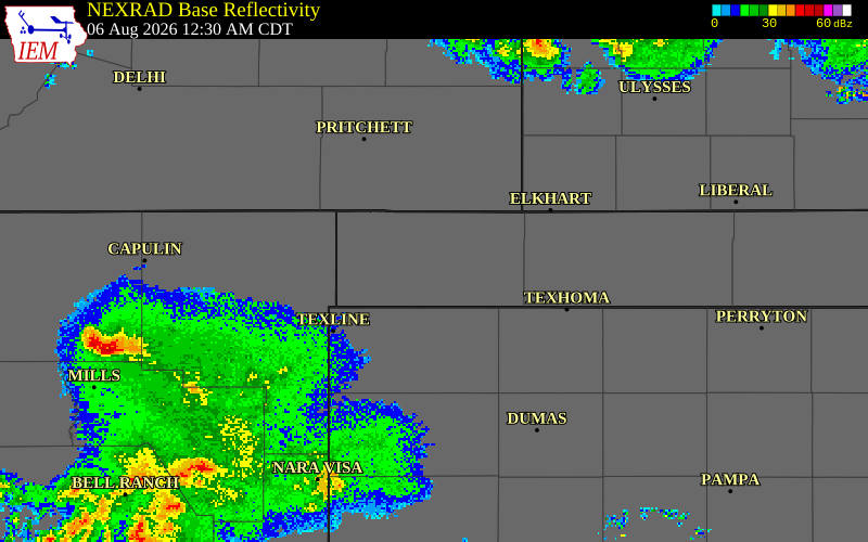 NEXRAD radar during the Thursday, August 6, 2026 storm activity in Cimarron County, Oklahoma