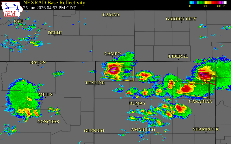 Radar snapshot during the Jun 25, 2026 hail event near Boise City, Cimarron County, Oklahoma, with NWS warning polygons
