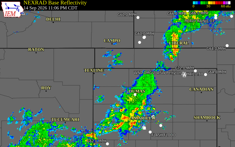 Current NEXRAD radar over Cimarron County, Oklahoma with recent storm report locations
