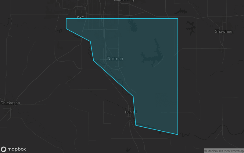 Map of Cleveland County, Oklahoma showing the county boundary and surrounding cities