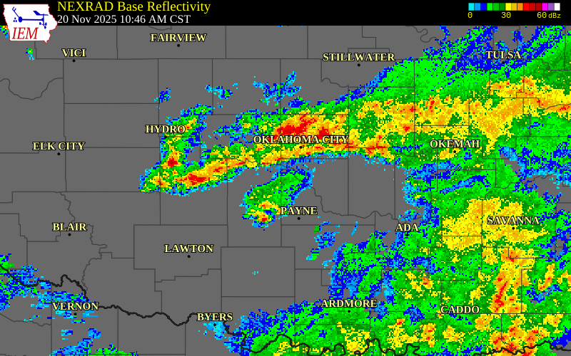 NEXRAD radar during the Thursday, November 20, 2025 storm activity in Cleveland County, Oklahoma