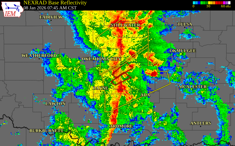 NEXRAD radar during the Thursday, January 8, 2026 storm activity in Cleveland County, Oklahoma