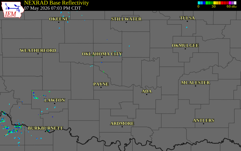 NEXRAD radar during the Thursday, May 7, 2026 storm activity in Cleveland County, Oklahoma
