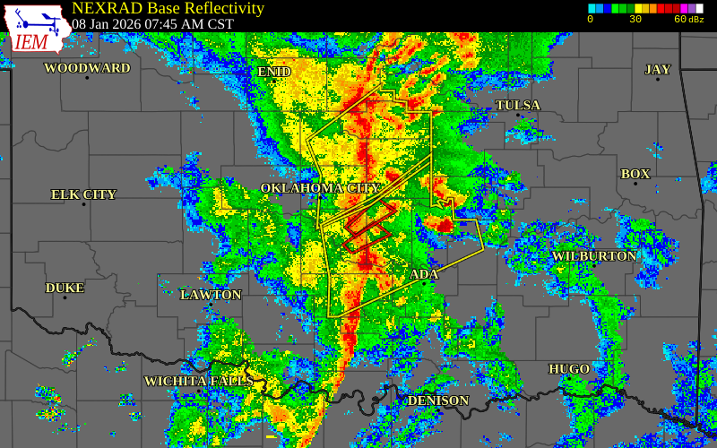 Radar snapshot during the Jan 8, 2026 tornado event near 4 S Stella, Cleveland County, Oklahoma, with NWS warning polygons