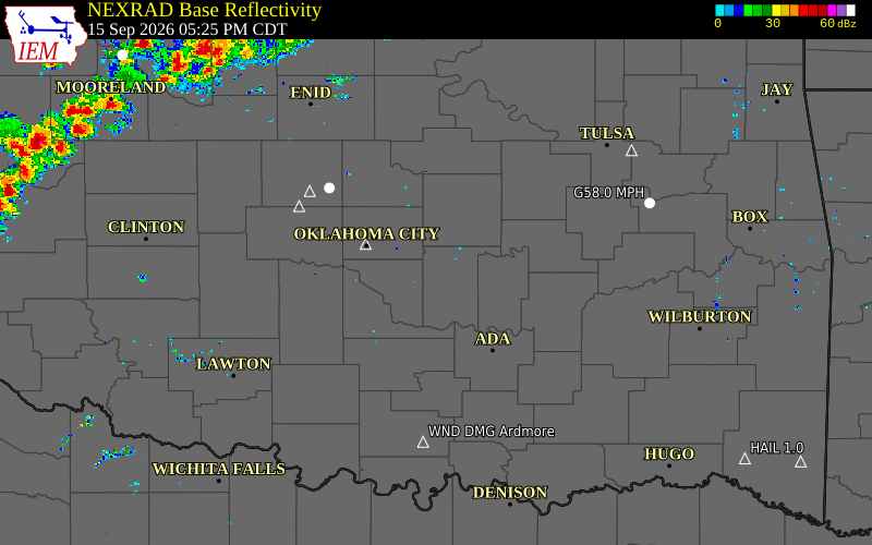 Current NEXRAD radar over Cleveland County, Oklahoma with recent storm report locations