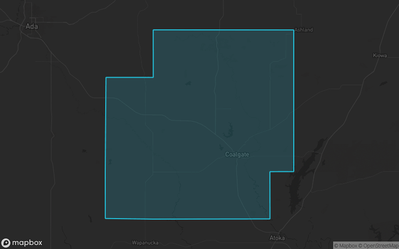 Map of Coal County, Oklahoma showing the county boundary and surrounding cities
