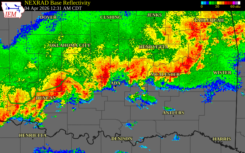 NEXRAD radar during the Saturday, April 4, 2026 storm activity in Coal County, Oklahoma