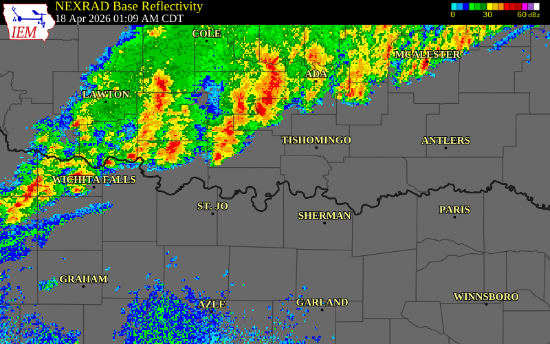 NEXRAD radar during the Saturday, April 18, 2026 storm activity in Coal County, Oklahoma