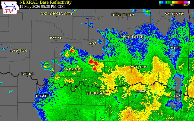 NEXRAD radar during the Tuesday, May 19, 2026 storm activity in Coal County, Oklahoma