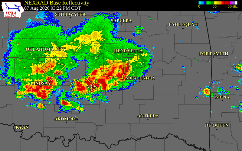 NEXRAD radar during the Friday, August 7, 2026 storm activity in Coal County, Oklahoma