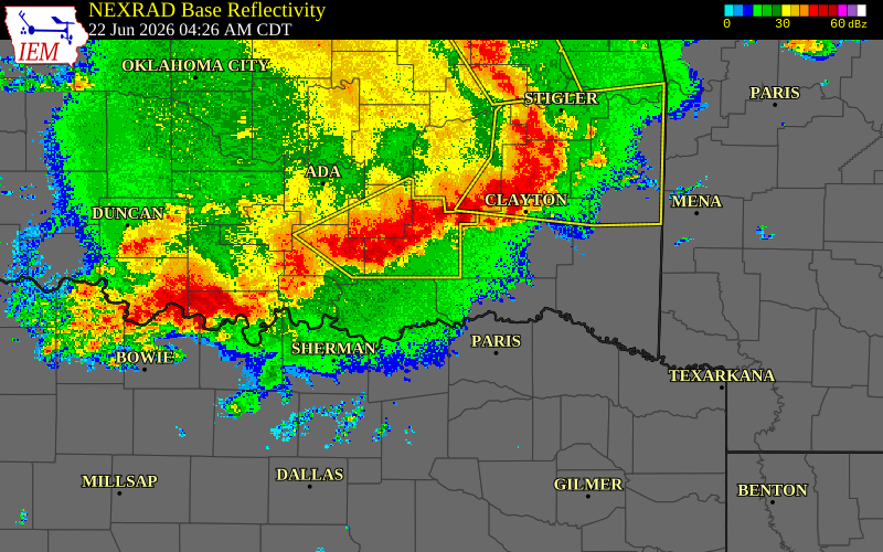 Radar snapshot during the Jun 22, 2026 wind event near Coal County, Coal County, Oklahoma, with NWS warning polygons