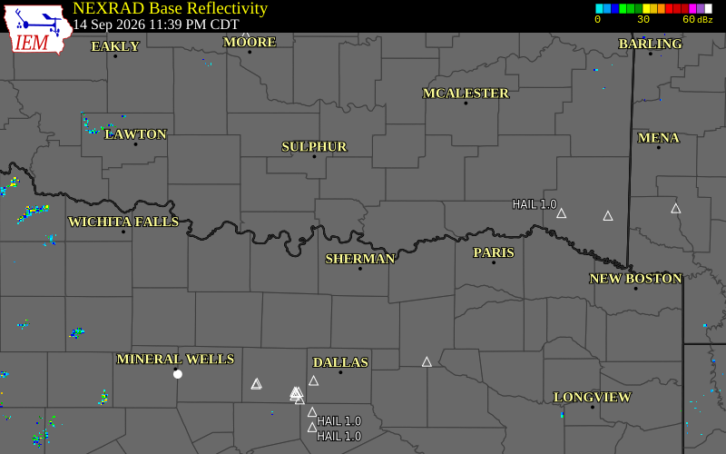 Current NEXRAD radar over Coal County, Oklahoma with recent storm report locations