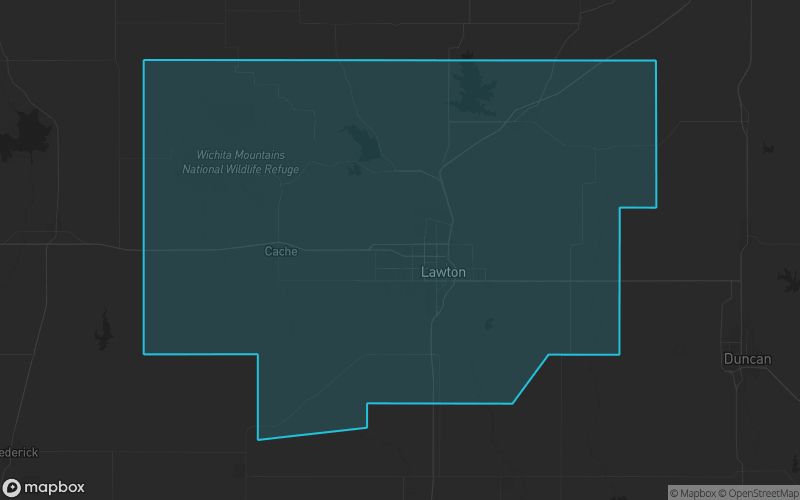 Map of Comanche County, Oklahoma showing the county boundary and surrounding cities
