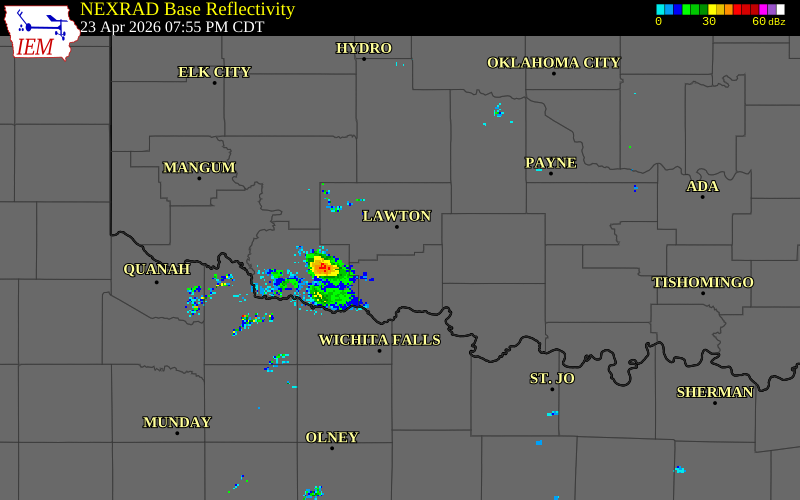 NEXRAD radar during the Thursday, April 23, 2026 storm activity in Comanche County, Oklahoma