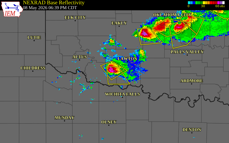 NEXRAD radar during the Friday, May 8, 2026 storm activity in Comanche County, Oklahoma
