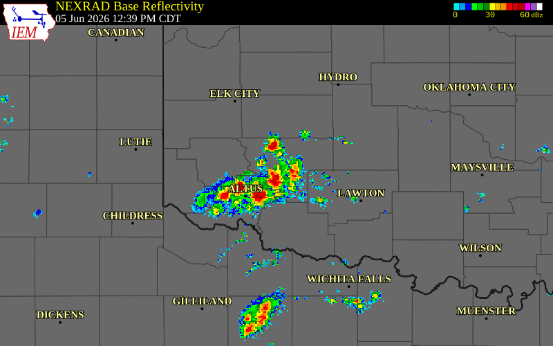 NEXRAD radar during the Friday, June 5, 2026 storm activity in Comanche County, Oklahoma