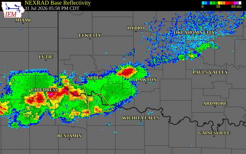 NEXRAD radar during the Friday, July 31, 2026 storm activity in Comanche County, Oklahoma