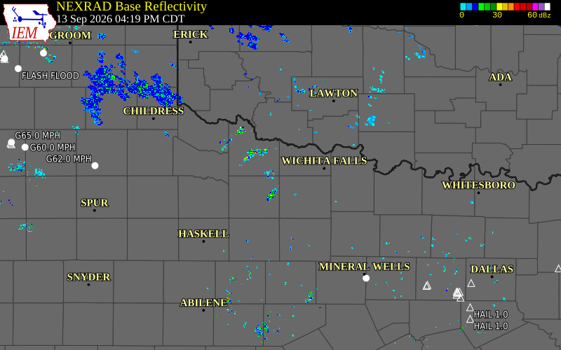 Current NEXRAD radar over Comanche County, Oklahoma with recent storm report locations