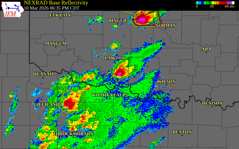 NEXRAD radar during the Tuesday, March 10, 2026 storm activity in Cotton County, Oklahoma