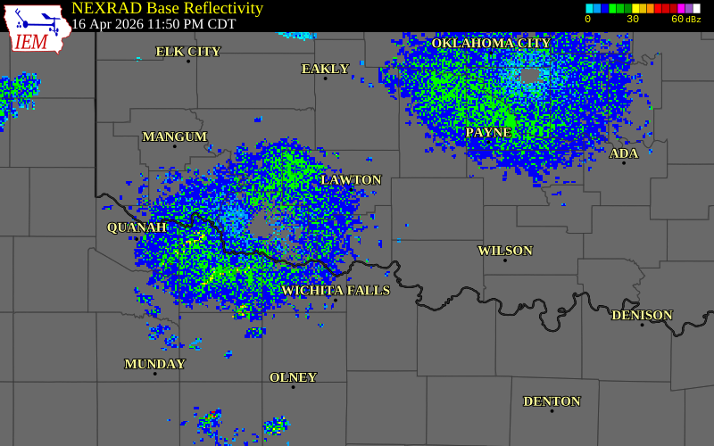 NEXRAD radar during the Thursday, April 16, 2026 storm activity in Cotton County, Oklahoma