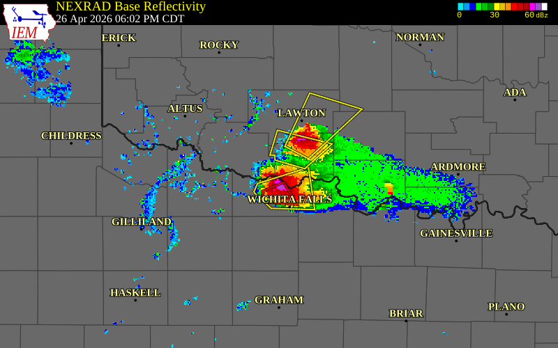NEXRAD radar during the Sunday, April 26, 2026 storm activity in Cotton County, Oklahoma