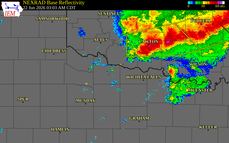 NEXRAD radar during the Monday, June 22, 2026 storm activity in Cotton County, Oklahoma
