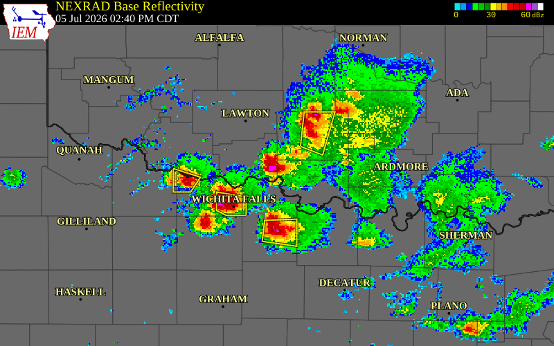 NEXRAD radar during the Sunday, July 5, 2026 storm activity in Cotton County, Oklahoma