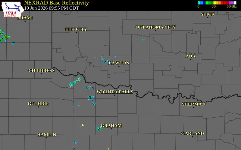 Radar snapshot during the Jun 10, 2026 wind event near 4 NW Walters, Cotton County, Oklahoma, with NWS warning polygons